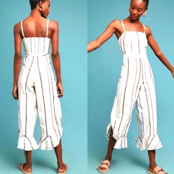 Red Carter Pants - Anthropology Red Carter Everly Stripped Ruffle Hem Jumpsuit size XS